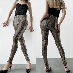 ZARA Nwot metallic mirrored SEQUIN leggings GOLD shiny Size XS